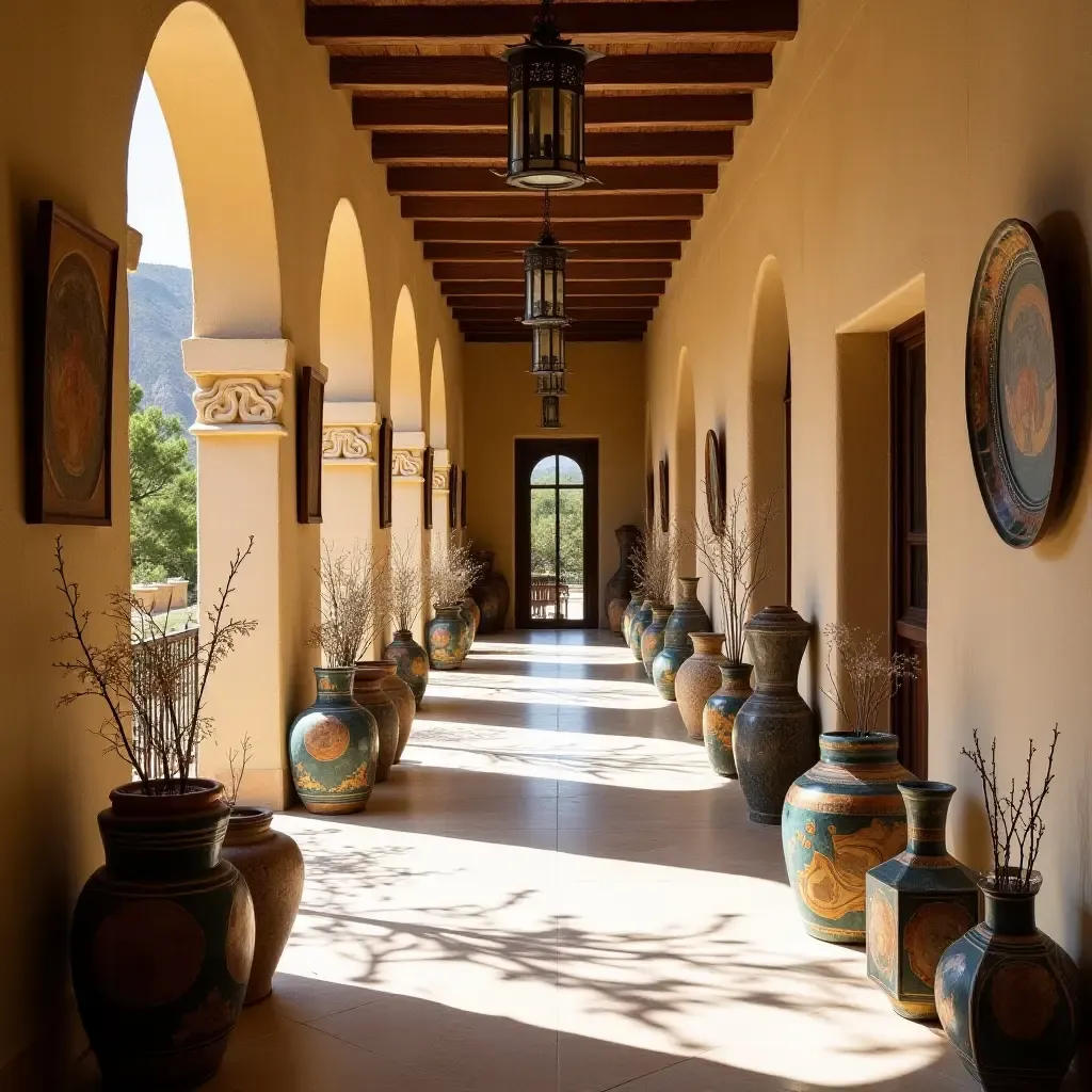 a photo of a corridor filled with Mediterranean art pieces and decorative ceramics