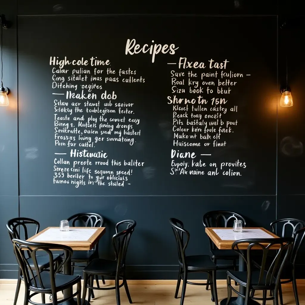 a photo of a chalkboard wall displaying handwritten recipes and menus