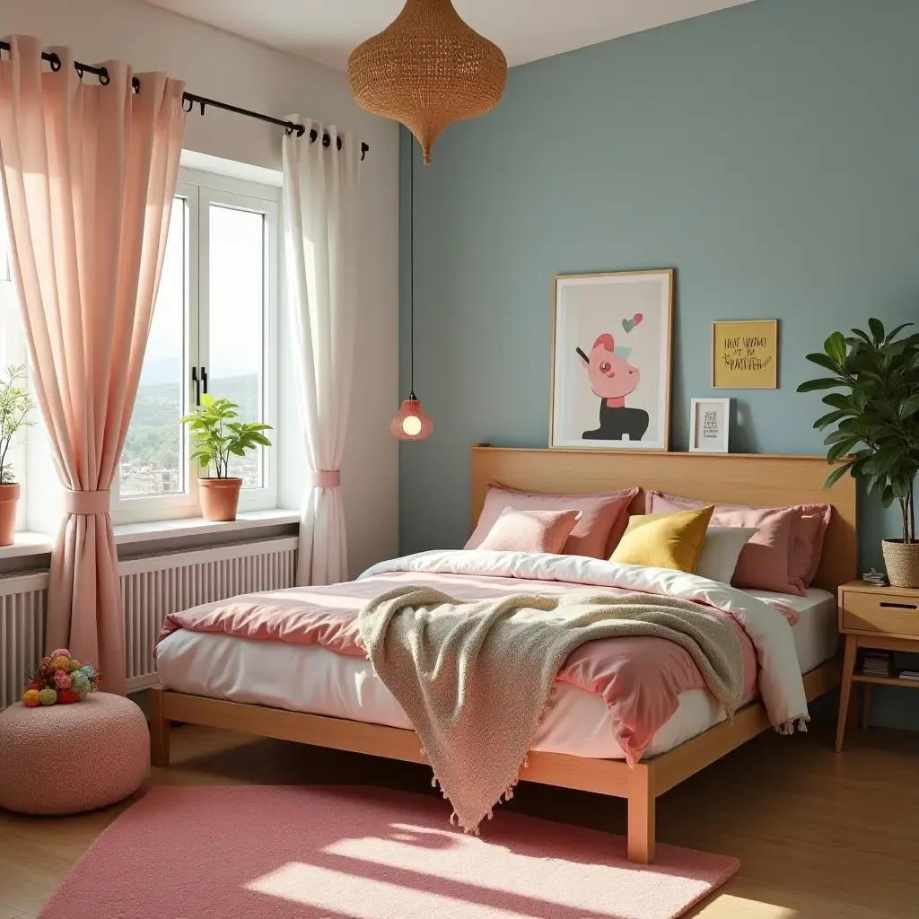 a photo of a colorful bedroom with a fabric storage organizer