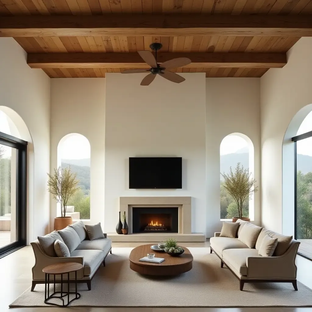 a photo of a Mediterranean-style living room with a large wooden beam ceiling