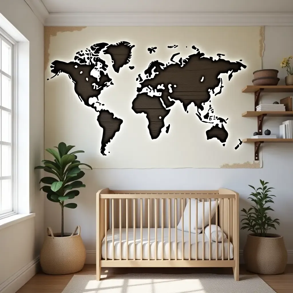 a photo of a nursery with a vintage map mural and rustic shelving