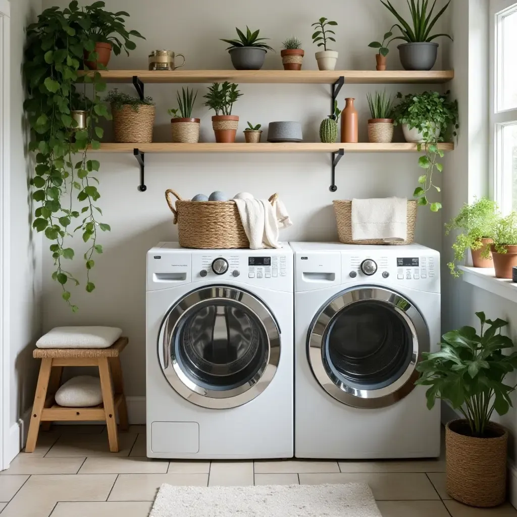 a photo of a laundry room with plants to bring life and color