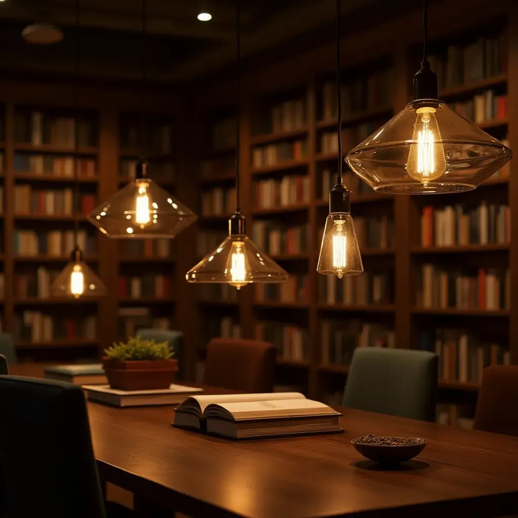 a photo of a cozy library featuring vintage pendant lights with warm tones