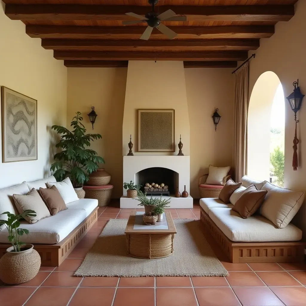 a photo of a cozy Mediterranean living room with terracotta tiles and wooden beams