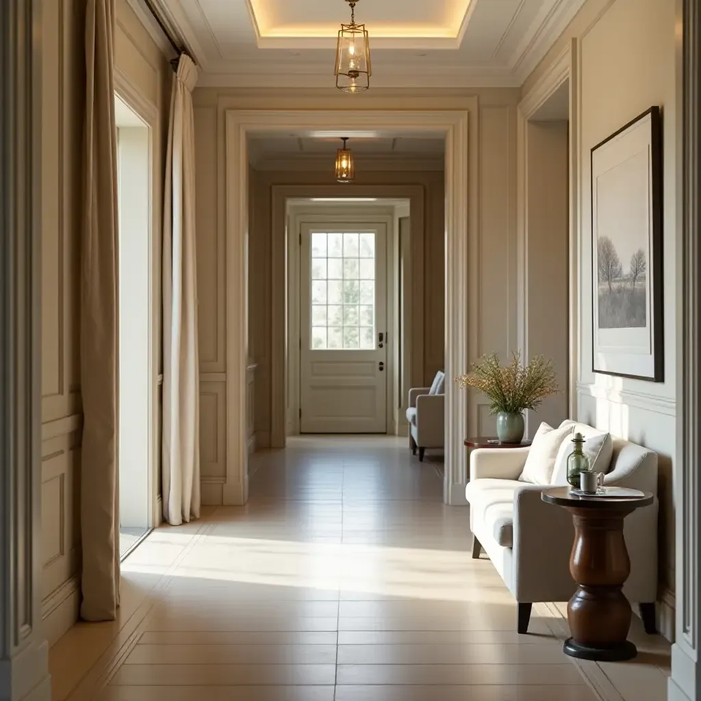 a photo of a welcoming corridor with a small sofa and side table