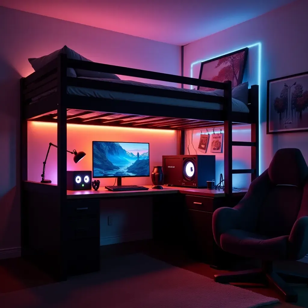 a photo of a loft bed with a gaming setup and LED lights