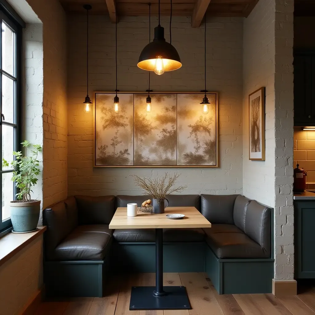 a photo of a cozy kitchen nook with industrial lighting and decor