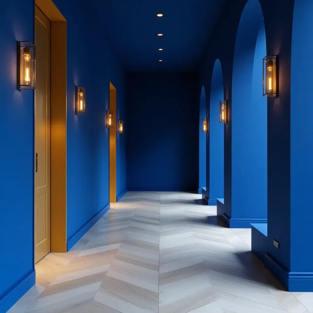 a photo of a striking cobalt blue and rich gold hallway