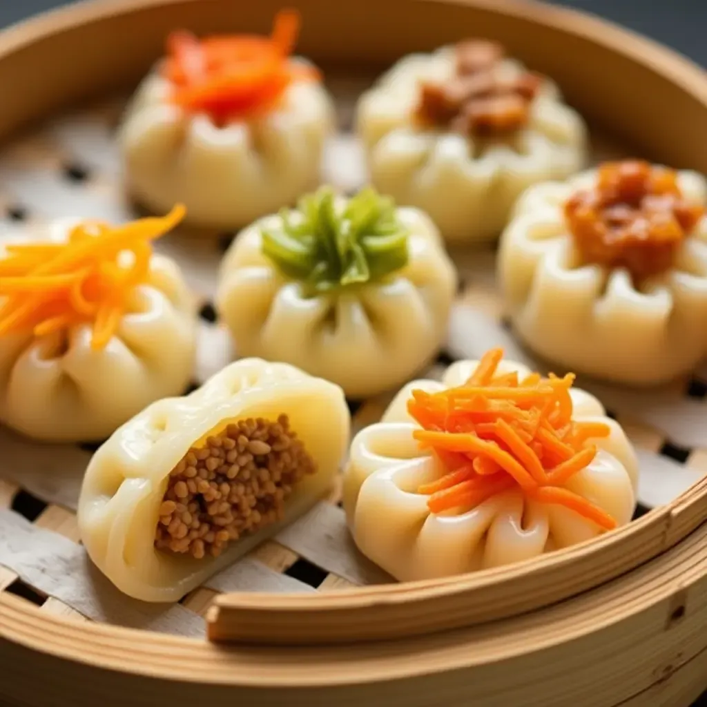 a photo of colorful dumplings with unique fillings, arranged on a bamboo steamer, vibrant and appetizing.