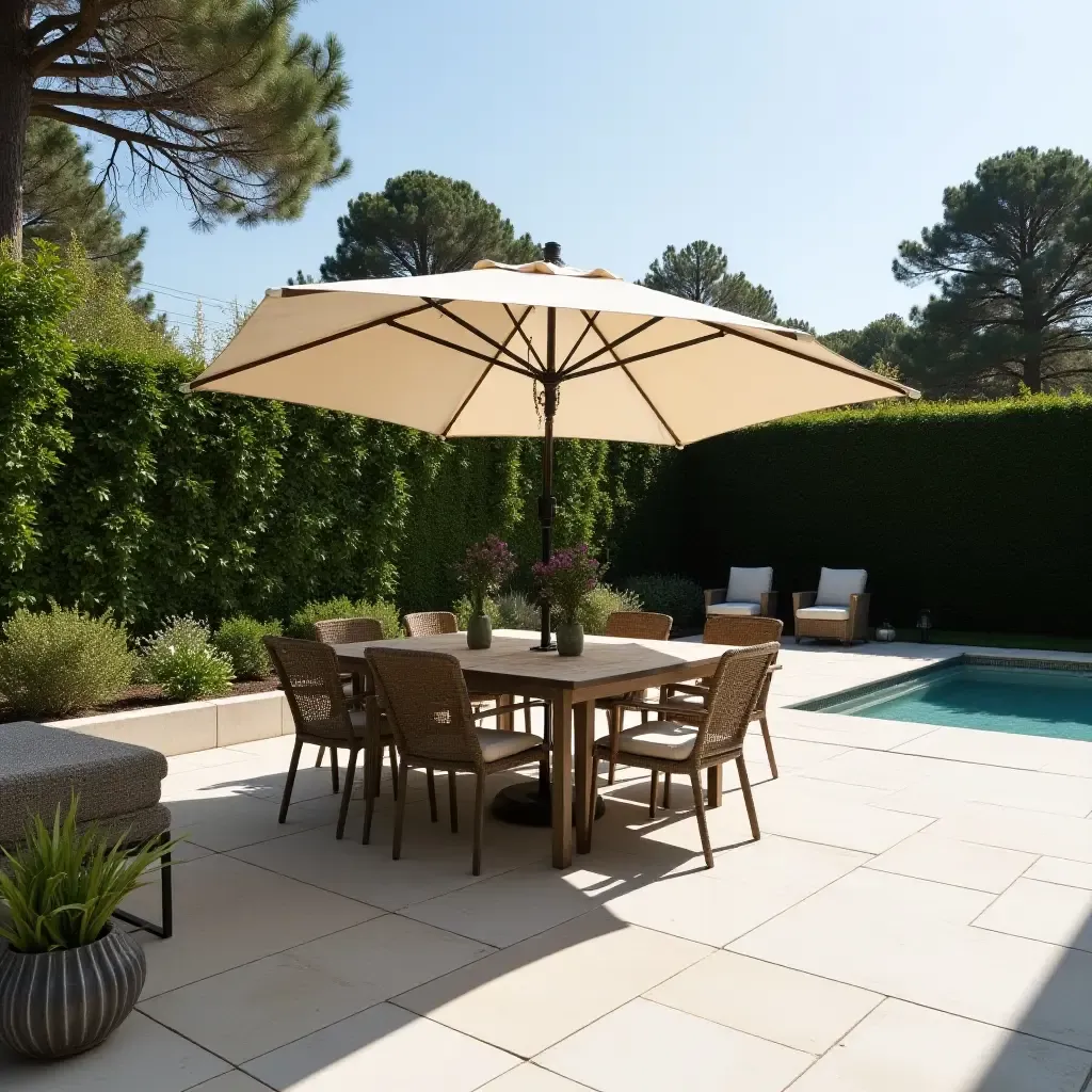 a photo of a concrete patio featuring a chic outdoor dining area with a large umbrella