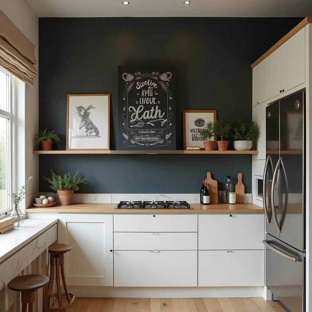 a photo of a kitchen featuring a chalkboard wall and farmhouse-themed art