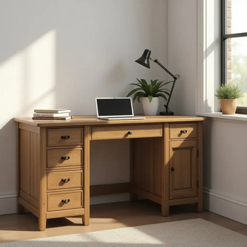 a photo of a small rustic writing desk in a corner