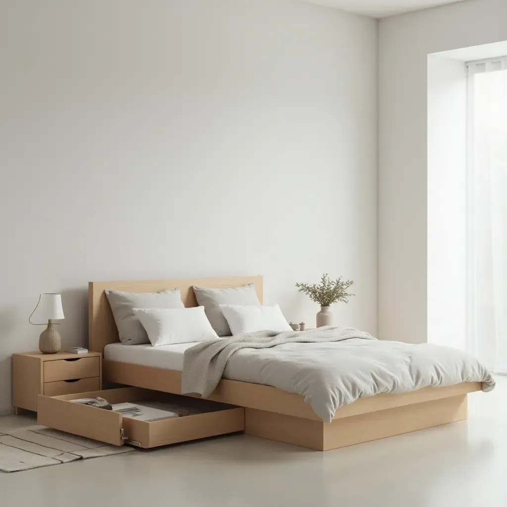 a photo of a minimalist bed frame with under-bed storage