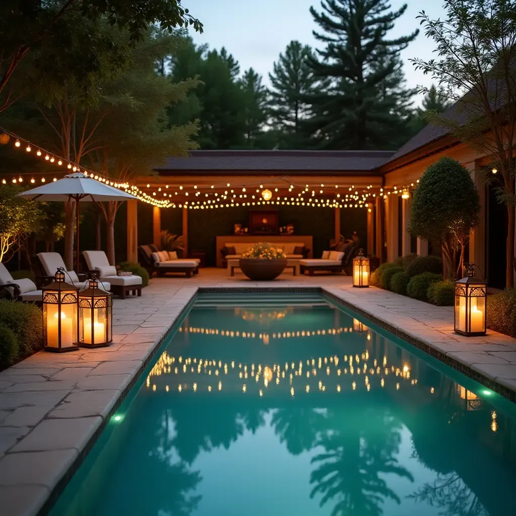 a photo of a picturesque pool area featuring vintage lanterns and rustic decor