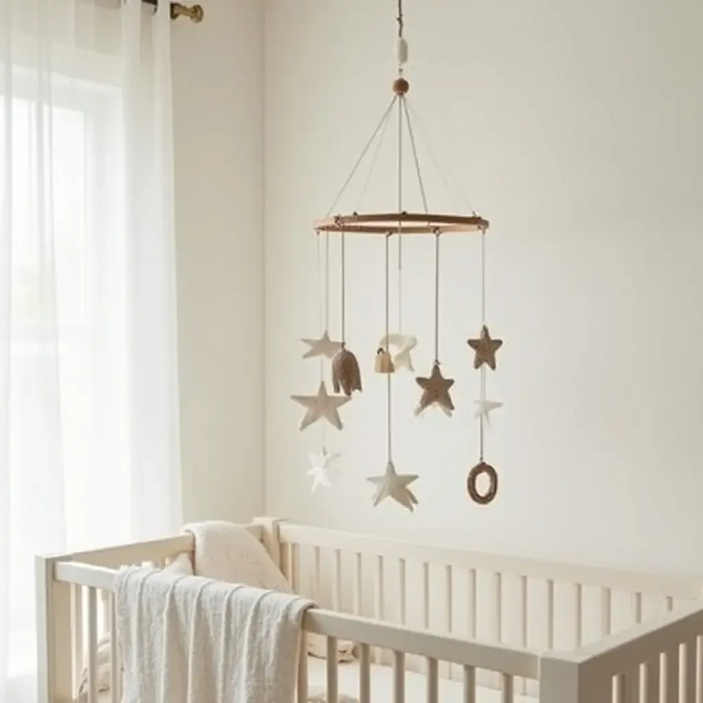 a photo of a nursery with a whimsical mobile made of natural materials