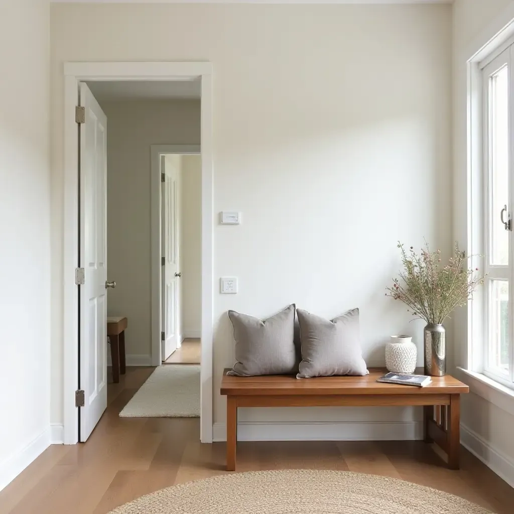 a photo of a welcoming foyer featuring a wooden bench and decorative pillows