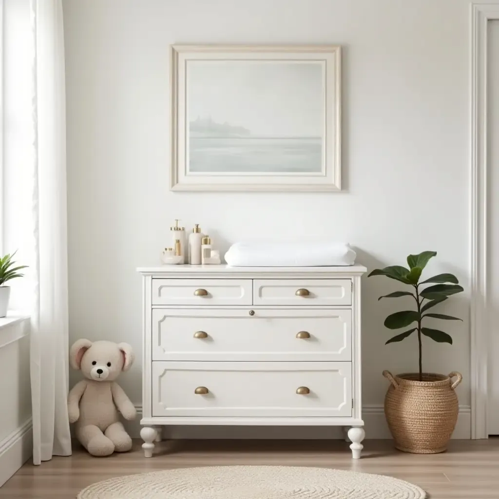 a photo of a nursery with a vintage-style changing table and accessories