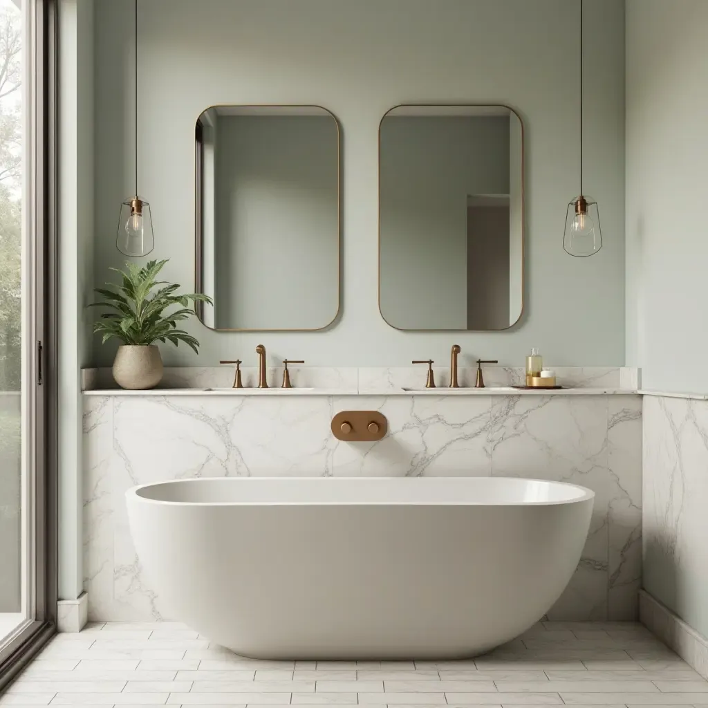 a photo of a serene bathroom with metallic accents and calming colors