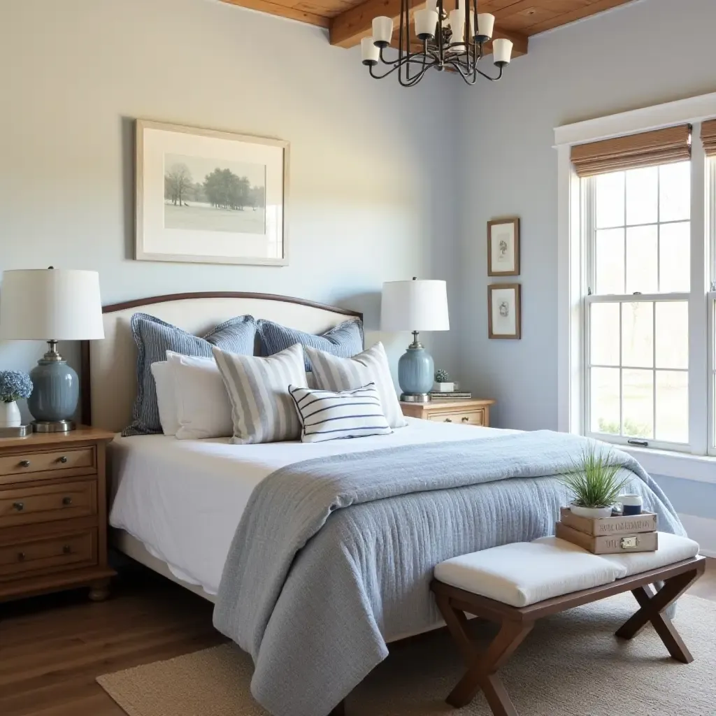 a photo of cozy bedroom featuring blue and white striped linens and rustic wooden furniture