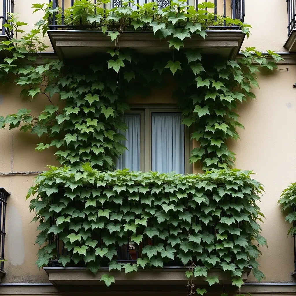 a photo of a balcony wall covered in climbing vines