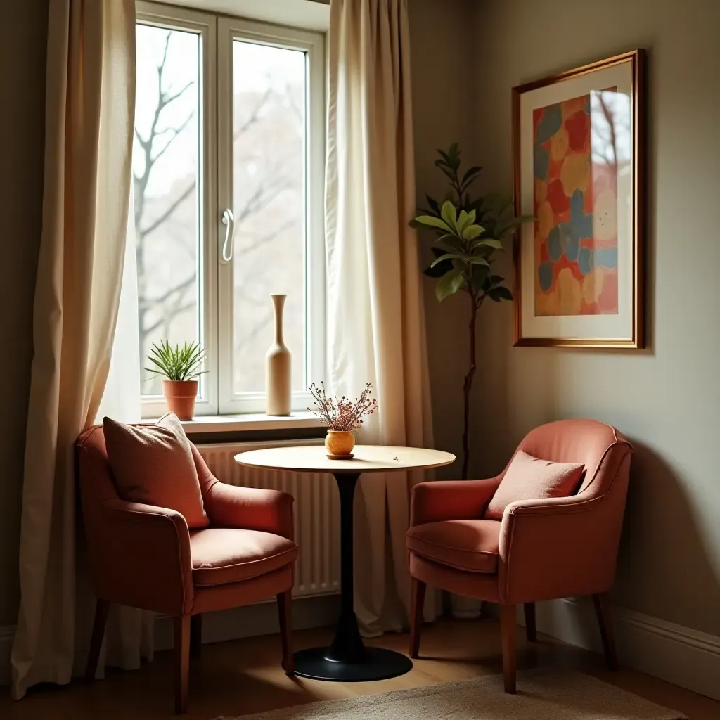 a photo of a cozy breakfast corner with a small round table