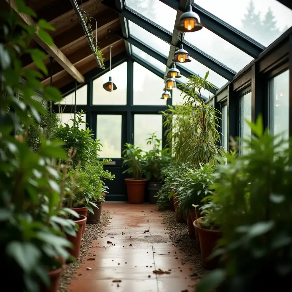 a photo of a basement greenhouse with innovative plant arrangements and lighting