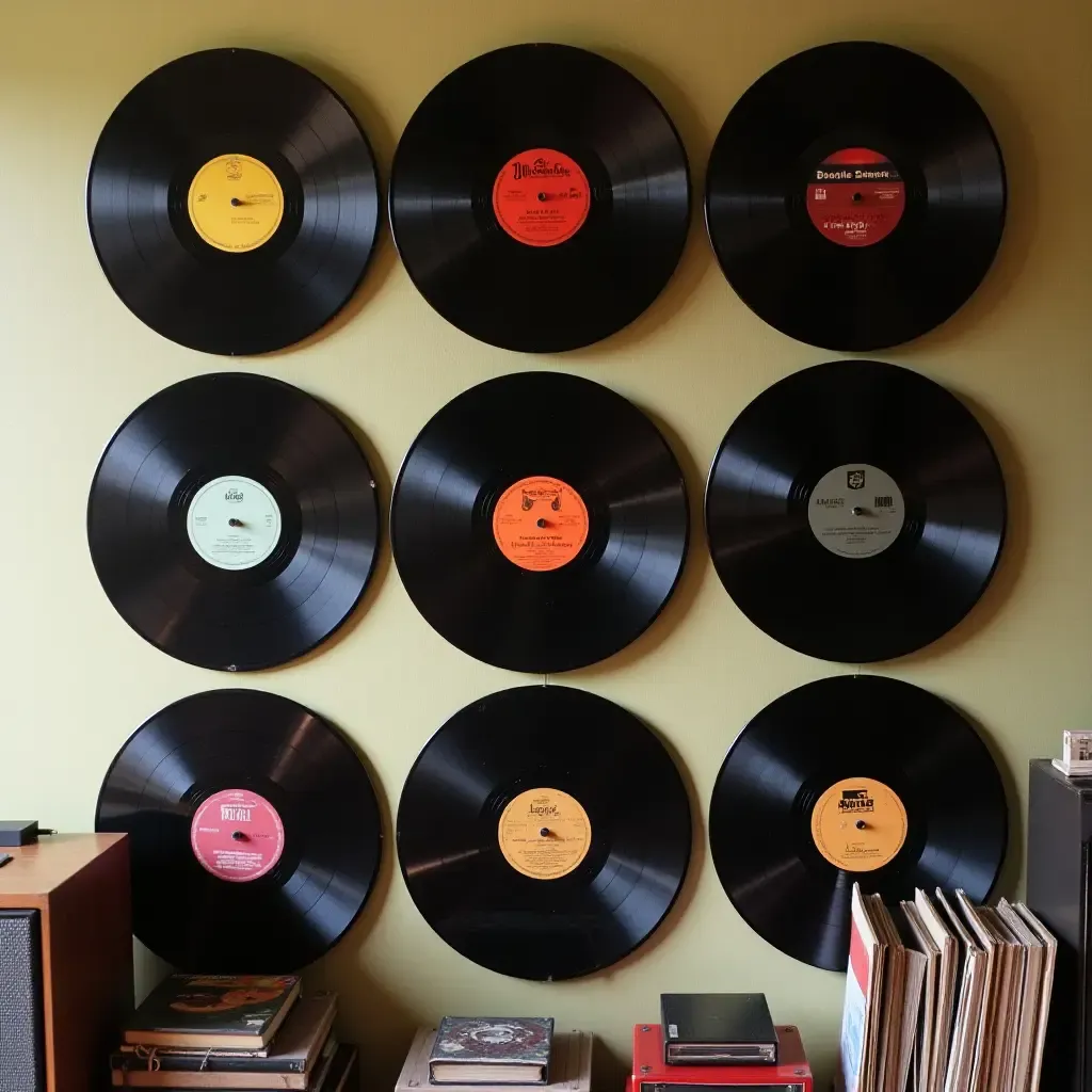 a photo of a nostalgic vinyl record collection displayed on a wall