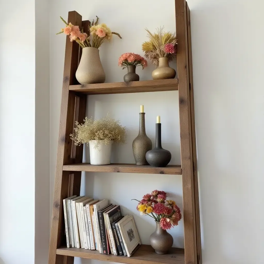 a photo of a rustic ladder bookshelf decorated with dried flowers