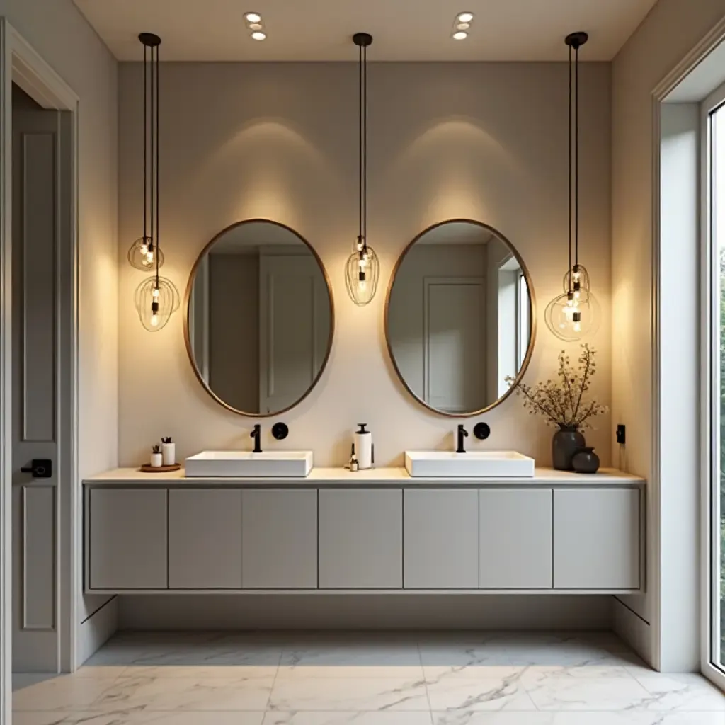 a photo of a layered bathroom with pendant lights at different heights for effect