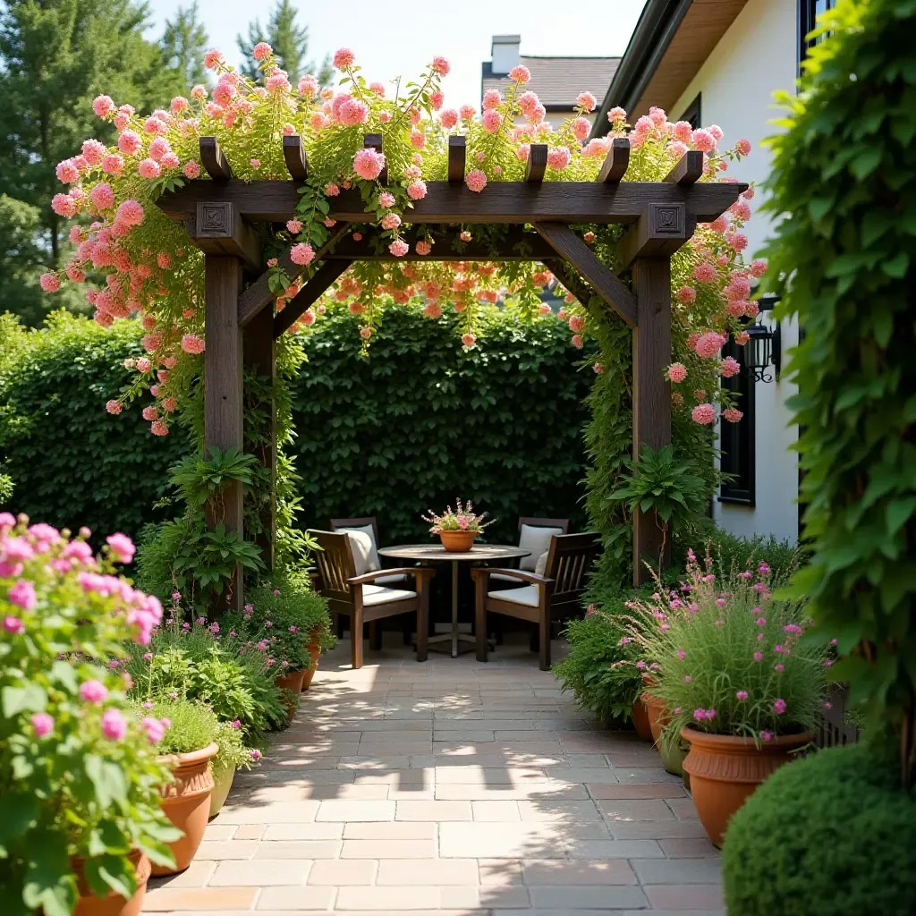 a photo of a patio with a trellis and flowering vines