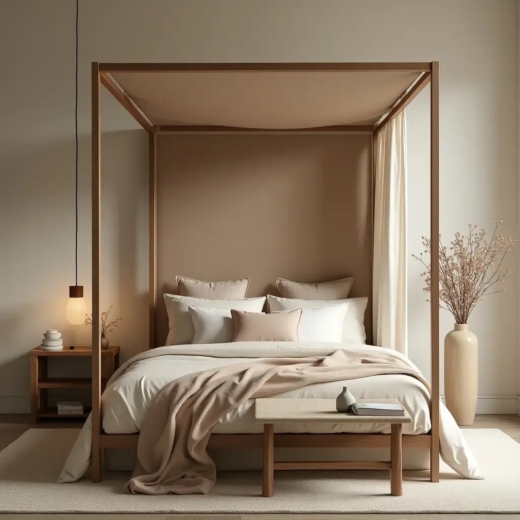 a photo of a serene canopy bed with calming earth tones