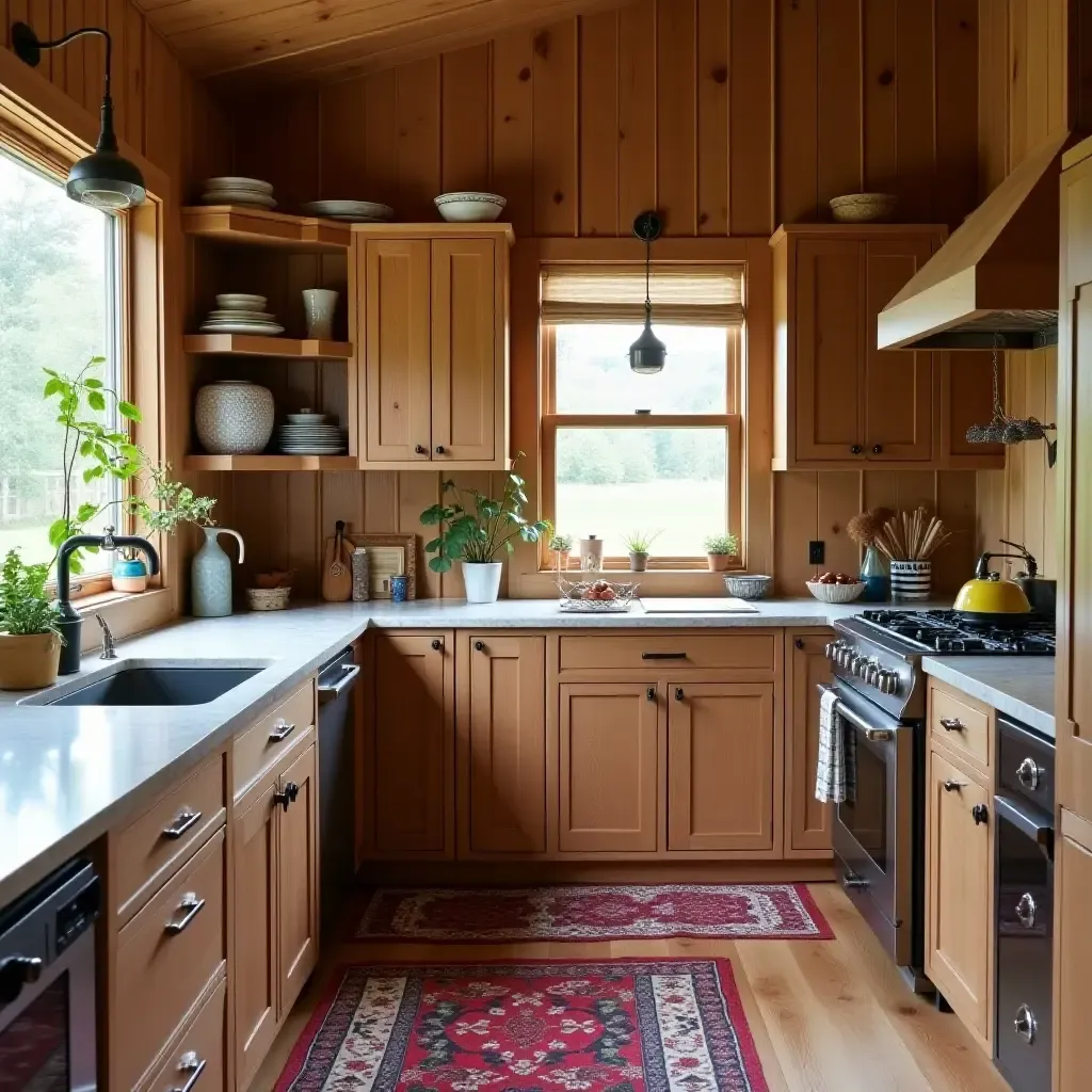 a photo of a cozy boho kitchen with natural wood accents and vibrant textiles