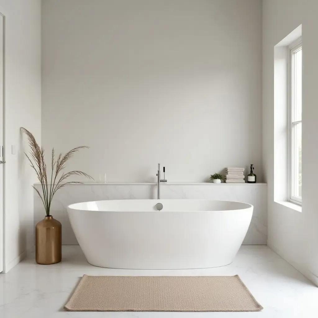 a photo of a minimalist solid color rug in a sleek bathroom