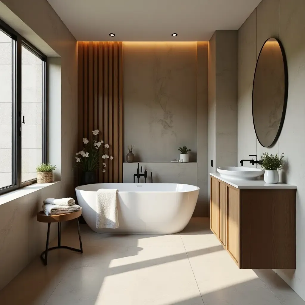 a photo of a bathroom with a unique blend of modern and rustic styles