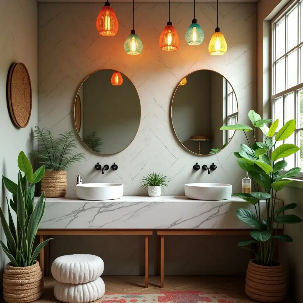 a photo of a bohemian bathroom adorned with colorful pendant lights and plants