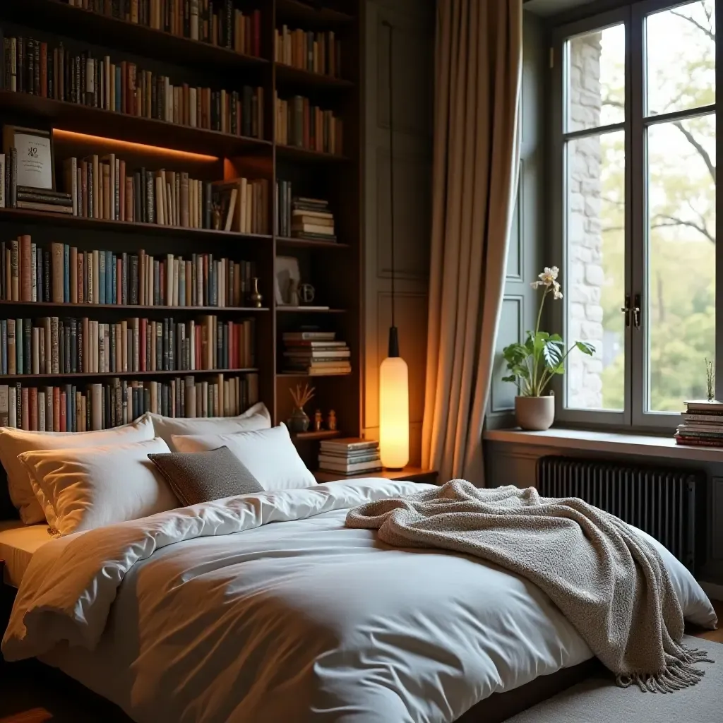 a photo of a cozy reading nook in a book-themed bedroom