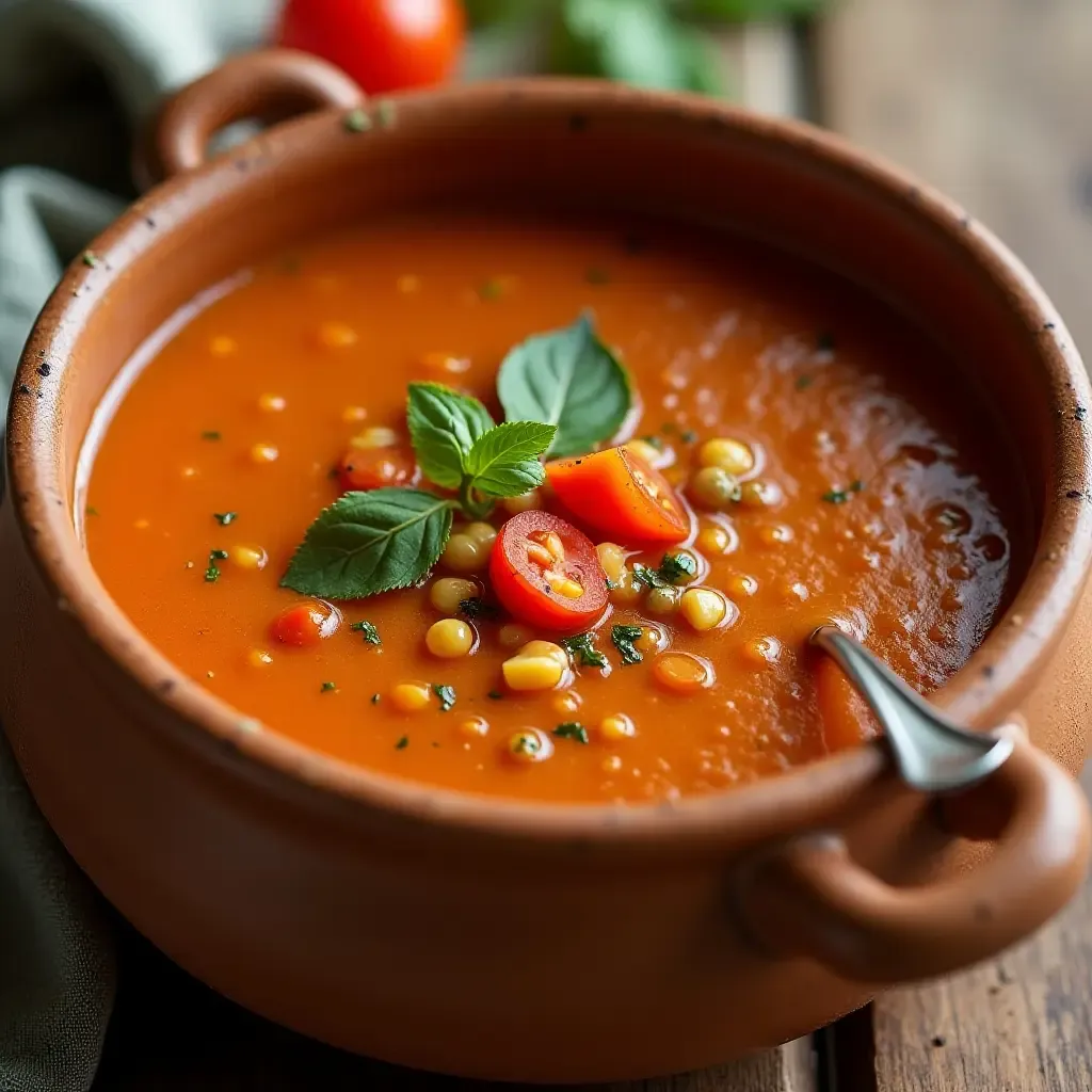 a photo of tangy lentil soup with tomatoes and spices in a clay bowl.