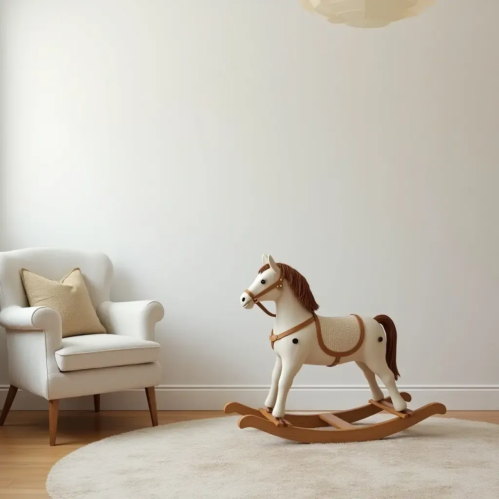 a photo of a nursery featuring a vintage rocking horse