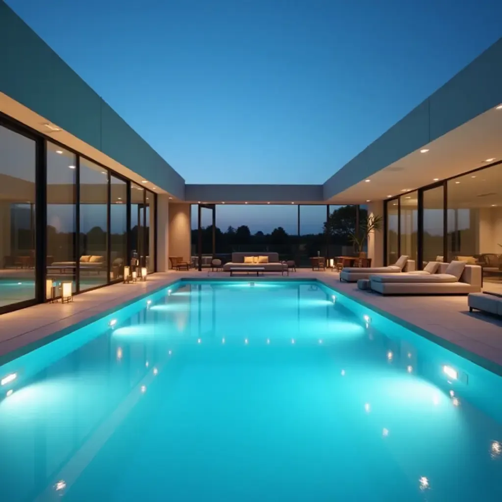 a photo of a sleek modern pool with bright lighting and minimalist decor