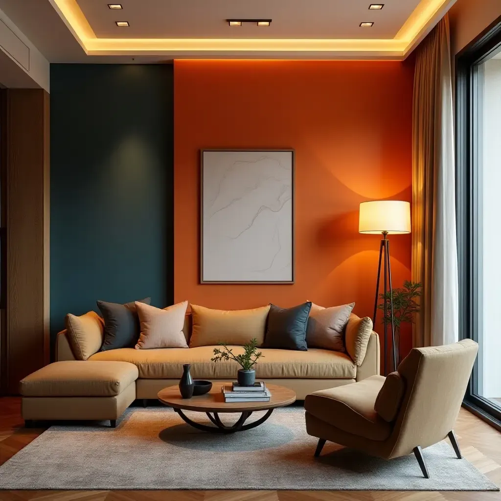 a photo of a small living room with a vibrant accent wall and layered lighting for ambiance