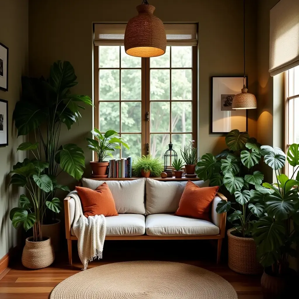 a photo of a cozy reading nook in the basement surrounded by plants