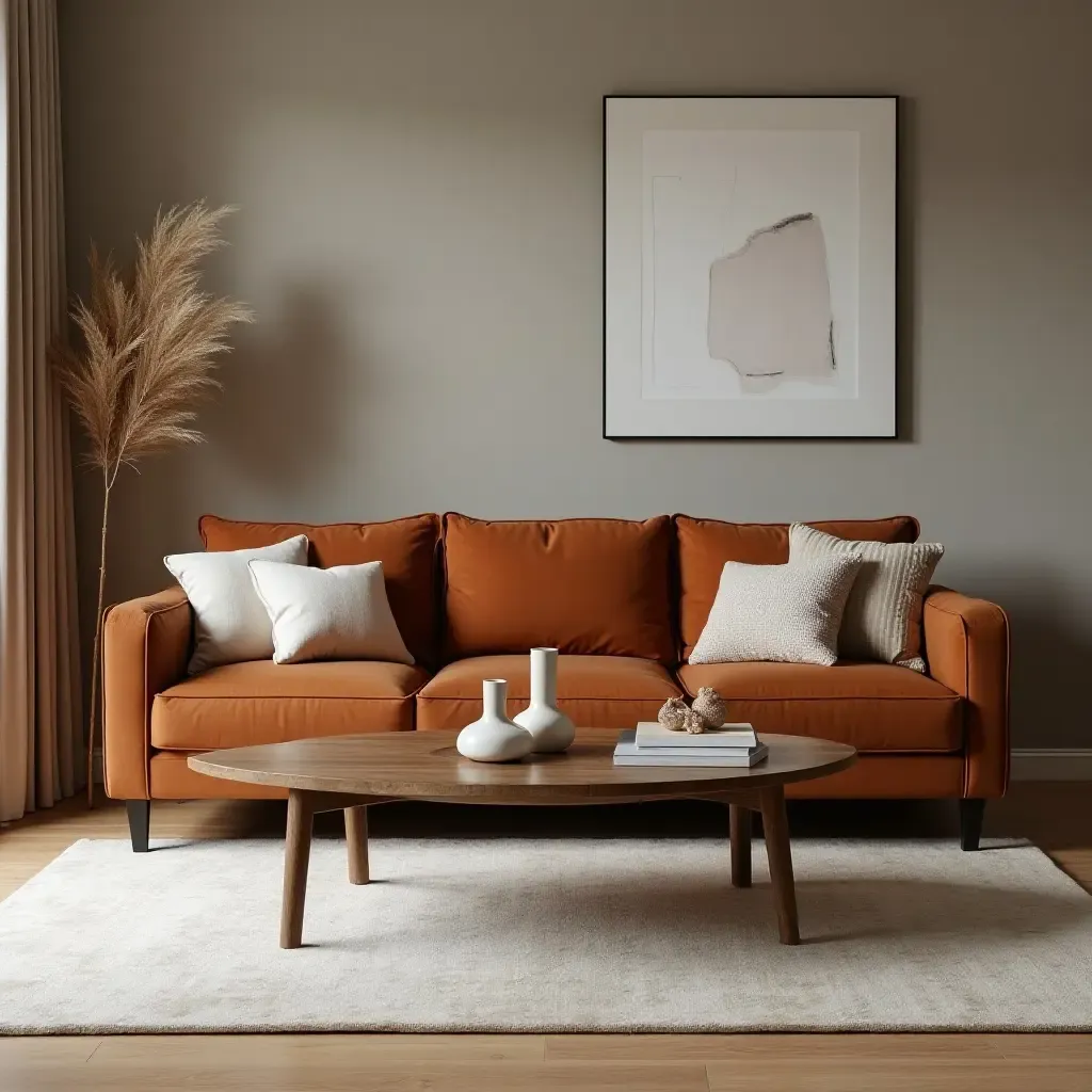 a photo of a cognac couch with a unique coffee table and decorative accessories