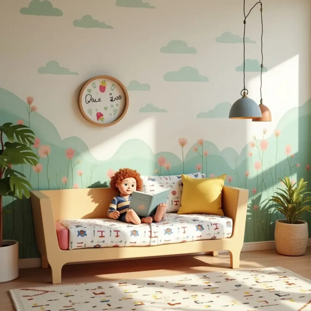 a photo of a reading nook with a playful theme for children’s books