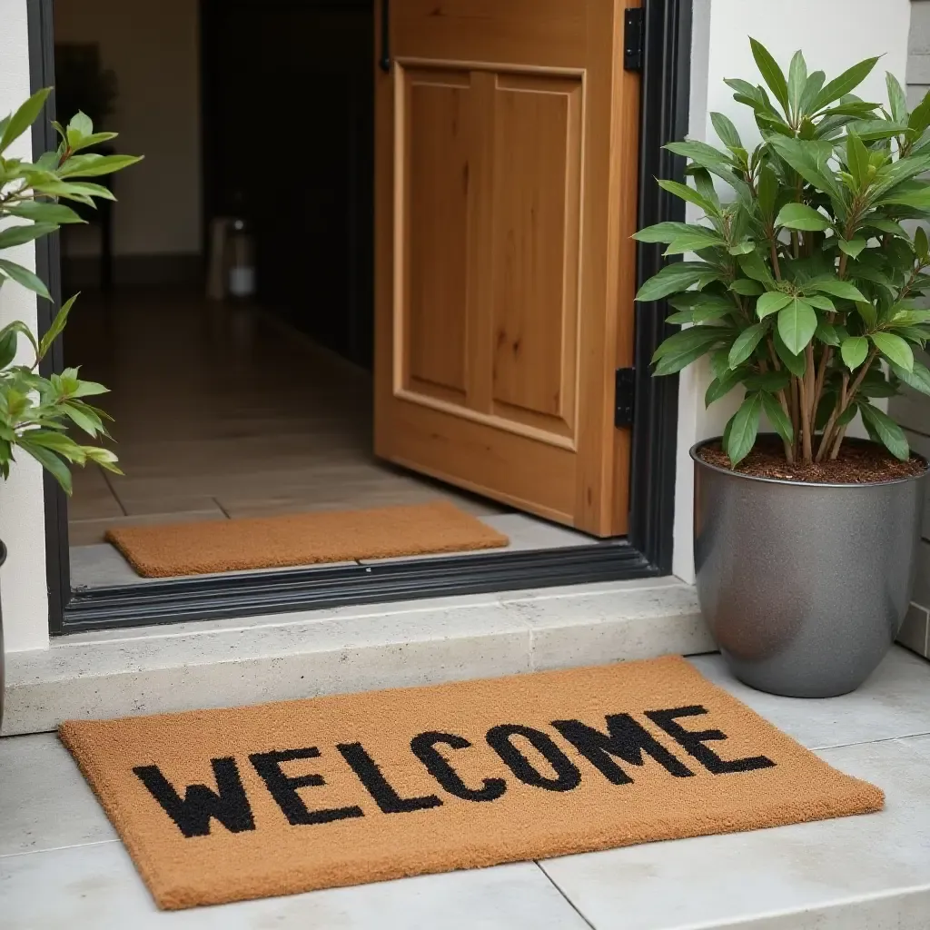 a photo of a rustic welcome mat at the entrance