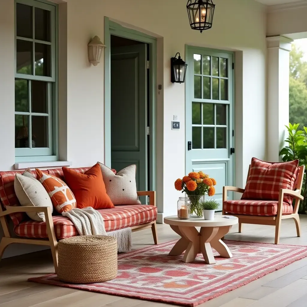 a photo of a cozy seating area with colorful cushions and throws on a porch