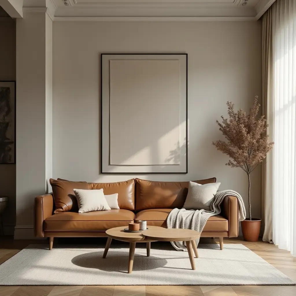 a photo of a living room showcasing a mix of textures like leather and linen