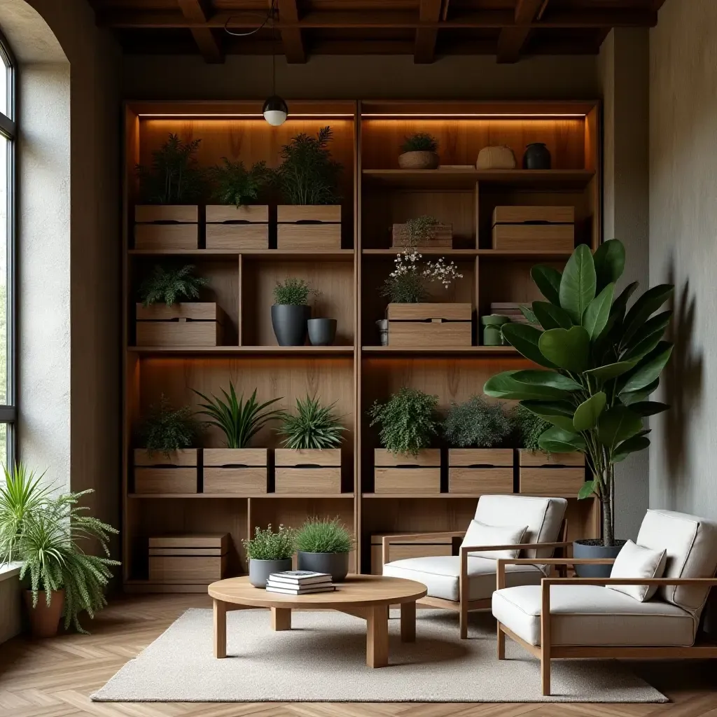 a photo of a rustic library featuring wooden planters