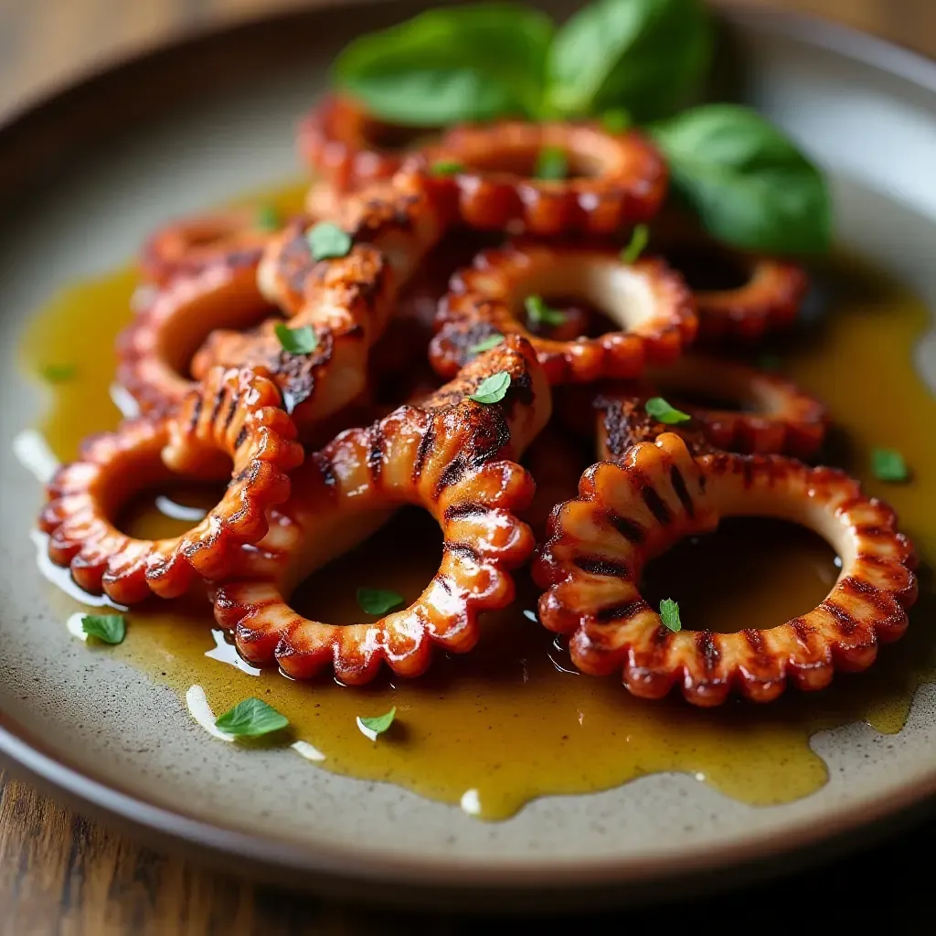 a photo of sophisticated petiscos featuring grilled octopus with paprika and olive oil drizzle