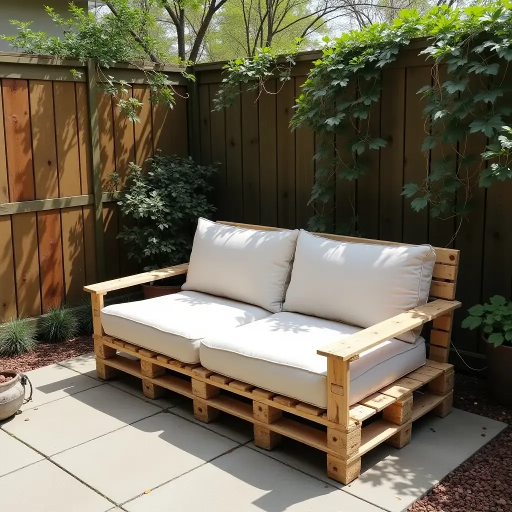 a photo of a DIY pallet sofa in a 12x12 patio setting