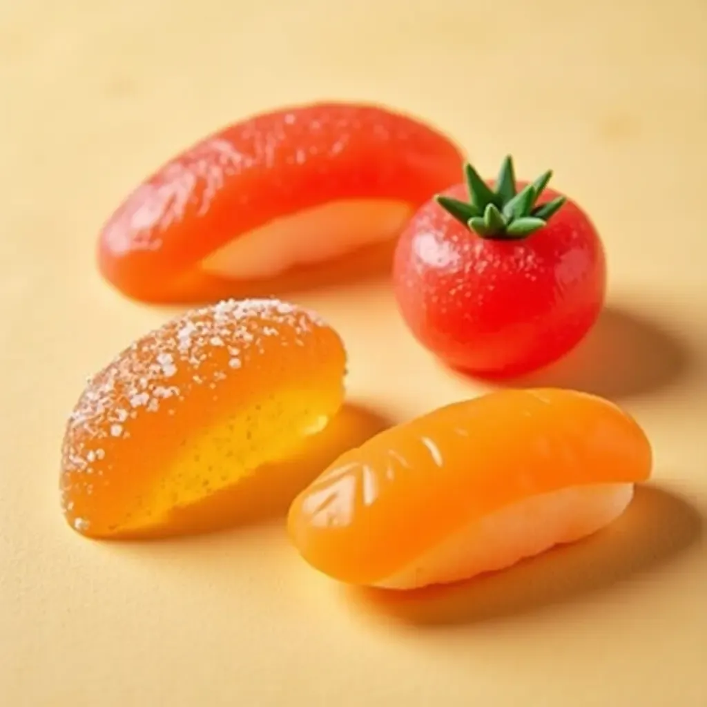 a photo of Japanese gummy candies shaped like sushi and fruits.